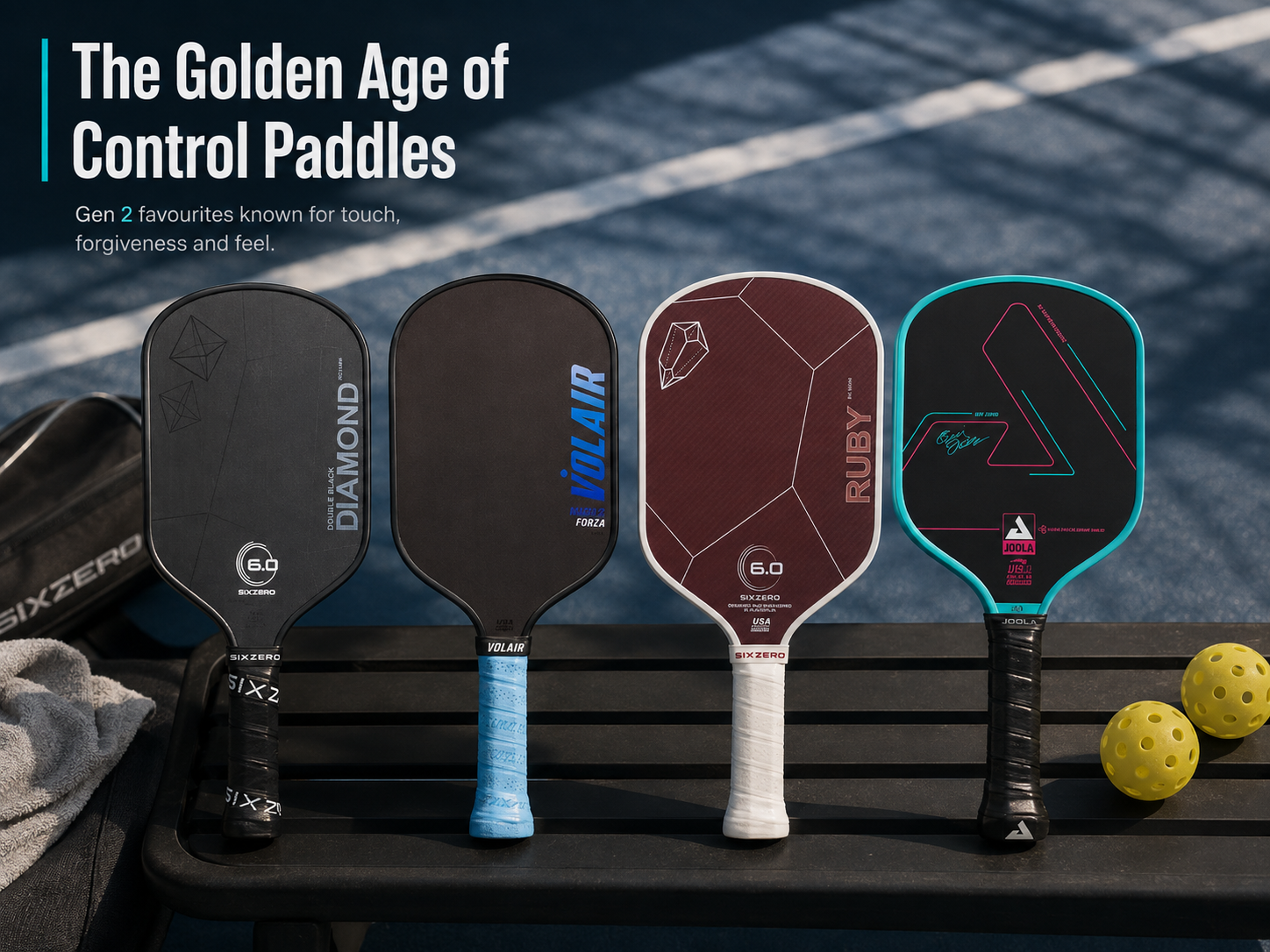 Six Zero Double Black Diamond, Volair Mach 2 Forza, Six Zero Ruby and original JOOLA Hyperion representing classic control paddles