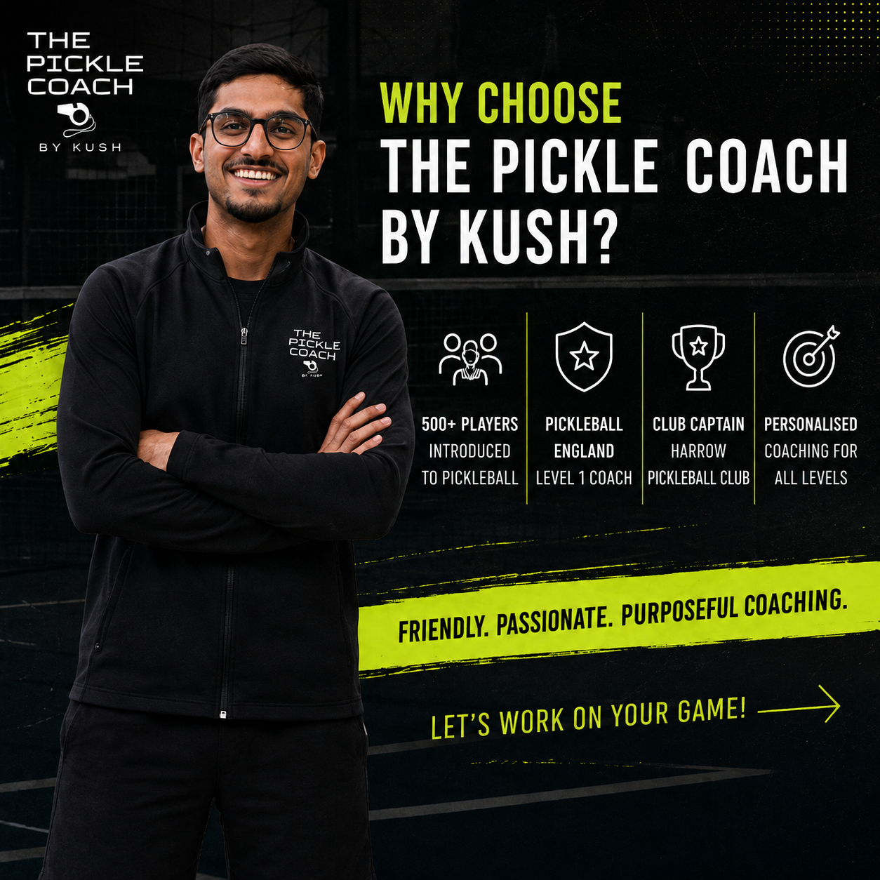Kush, a Pickleball England Level 1 coach and Harrow Pickleball Club league captain