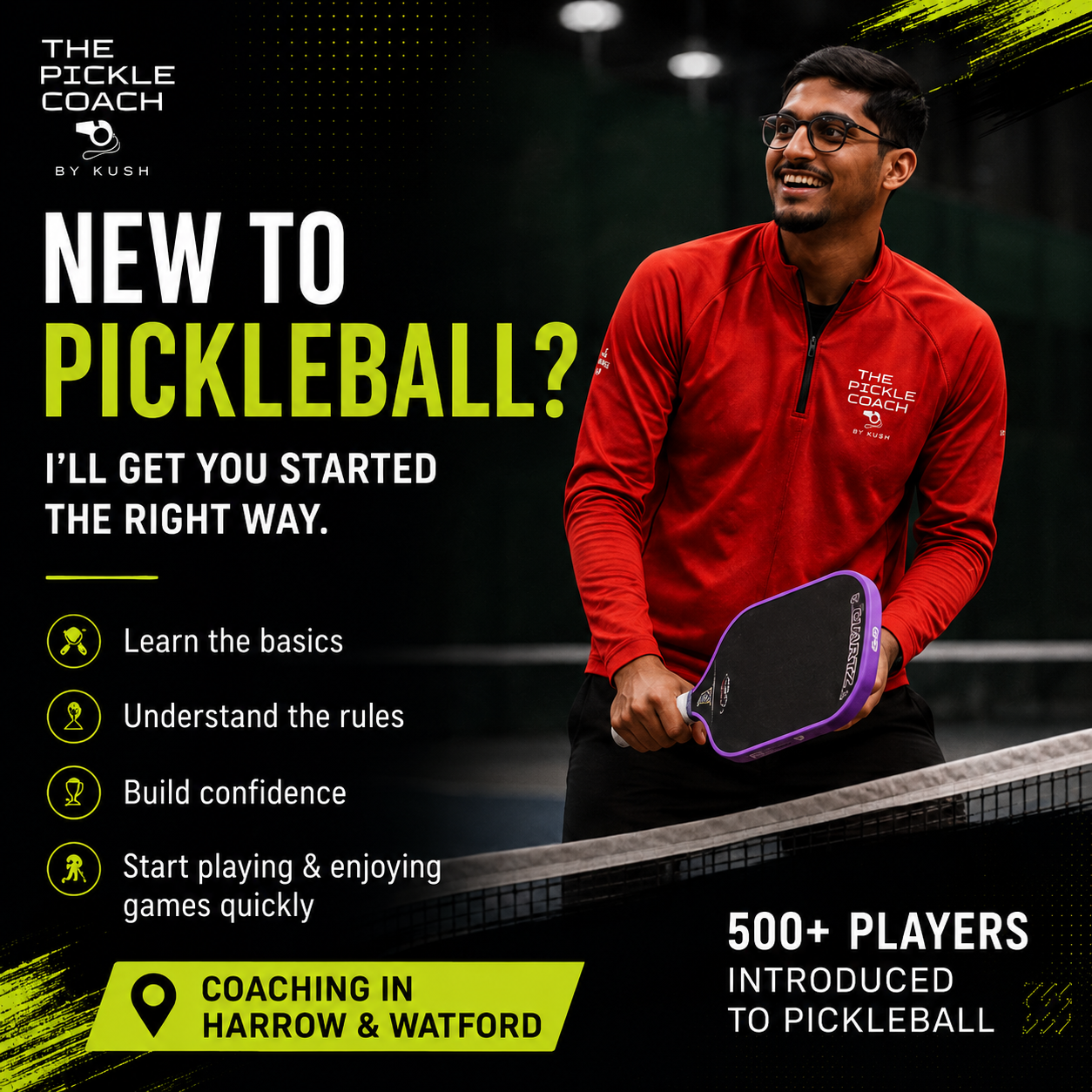 Coach Kush on a pickleball court, ready to help new players learn the game